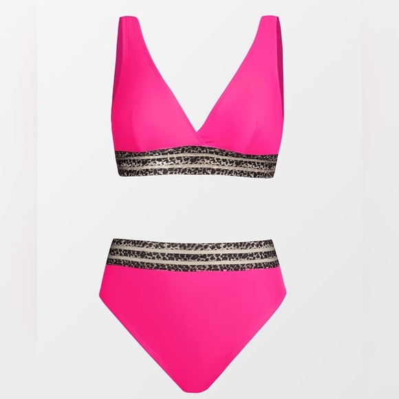 CUPSHE Leopard/Hot Pink High Waisted Two Piece Swimsuit/Swimwear/Bikini | NEW!💗 - Picture 6 of 9